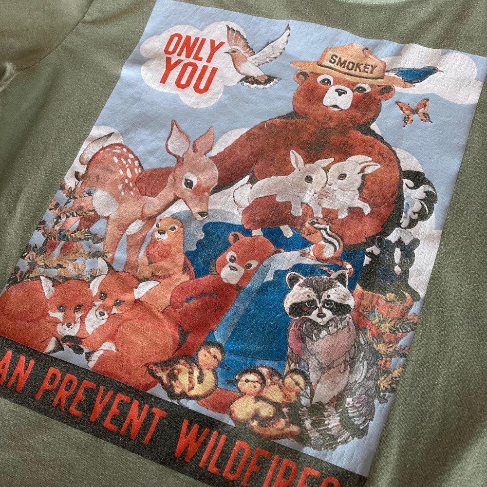 Smokey Bear T-Shirt Womens XS Green Graphic Tee Raw Hem Nature Retro Cute Crop